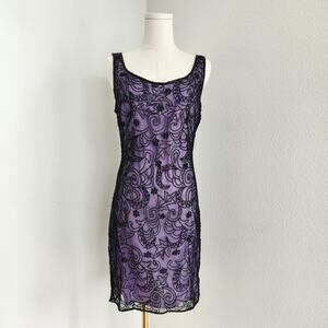 Vintage 90s Laurence Kazar Purple Black Beaded Sheath Dress Sleeveless Mini S